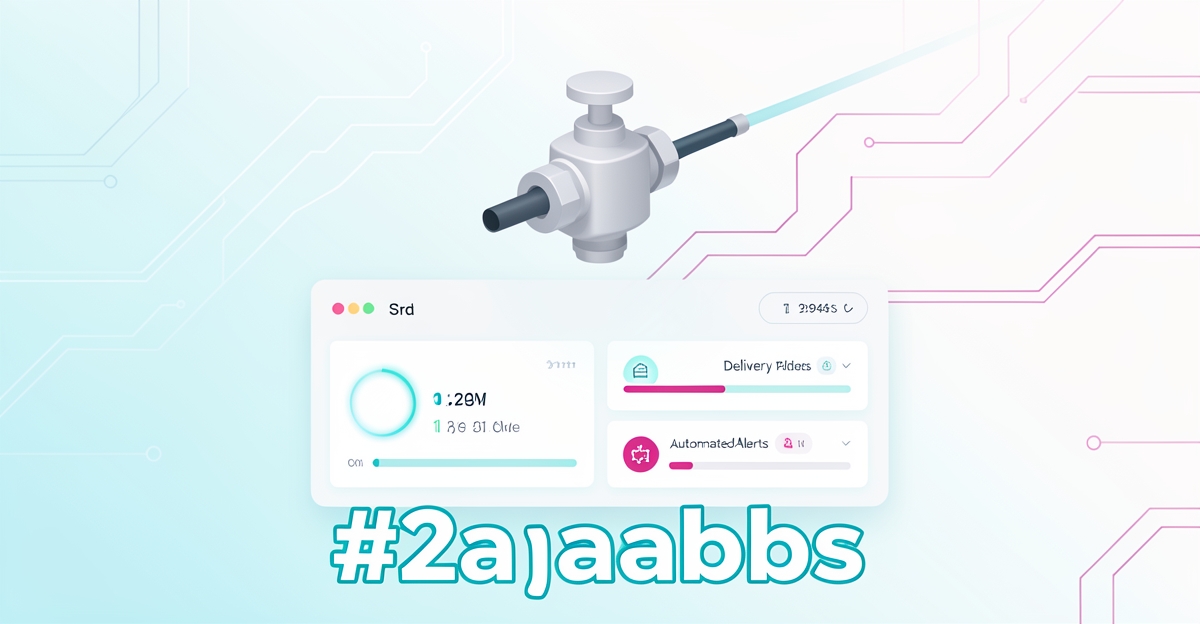 A minimalist flat illustration of a smart irrigation component hovering over a digital tracking dashboard with order and delivery alerts, using brand colors #2aabb6 and #d946ef as accents.