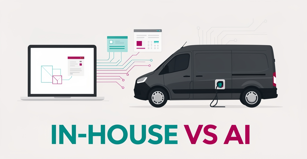 Flat illustration of an electric fleet van charging beside a laptop with digital interface panels, comparing in-house versus AI-powered website solutions.