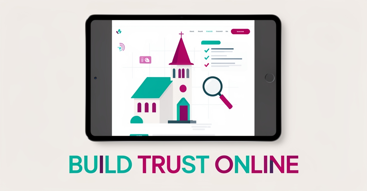 Flat illustration of a church building on a tablet with checklist and magnifying glass icons in teal and magenta, symbolizing website evaluation for church builders.