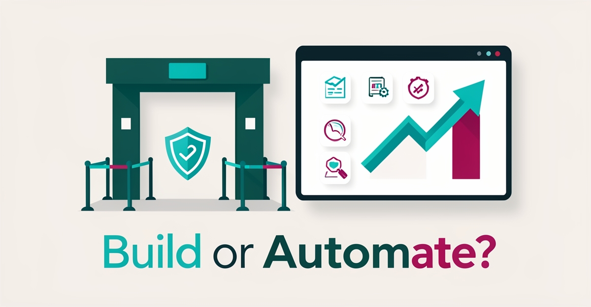 Flat illustration of an event security venue entrance beside an AI booking dashboard with teal and magenta accents and headline Build or Automate.