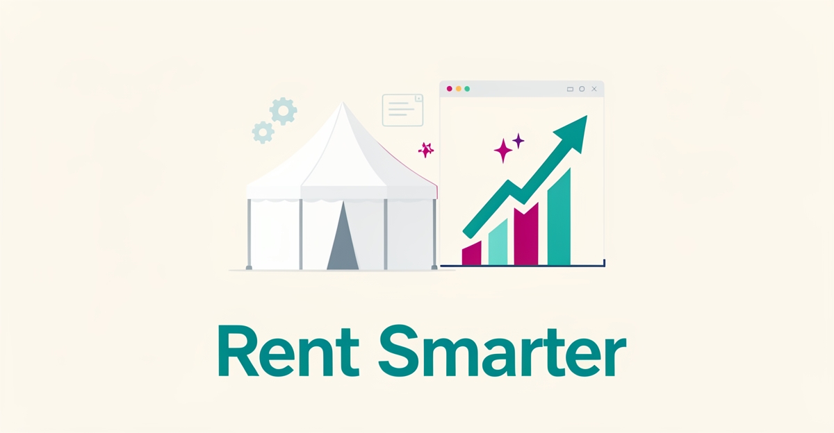 Flat illustration of an event tent with a rising growth chart and AI icons, headline reading Rent Smarter.