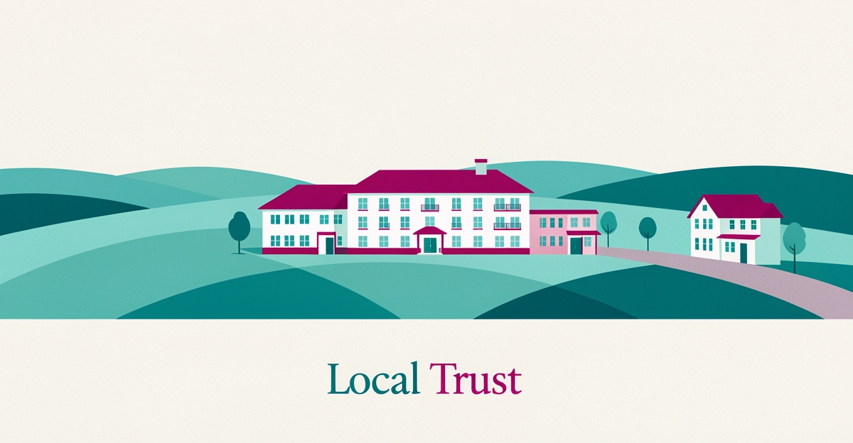 Flat illustration of a rural extended stay hotel beside a small town, accented in teal and magenta with a 'Local Trust' headline.