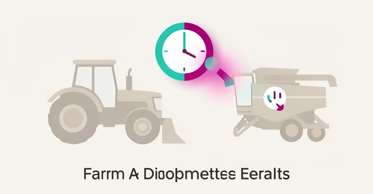 Flat illustration of farm equipment with a timer and AI notification showing slow responses cost dealers leads.