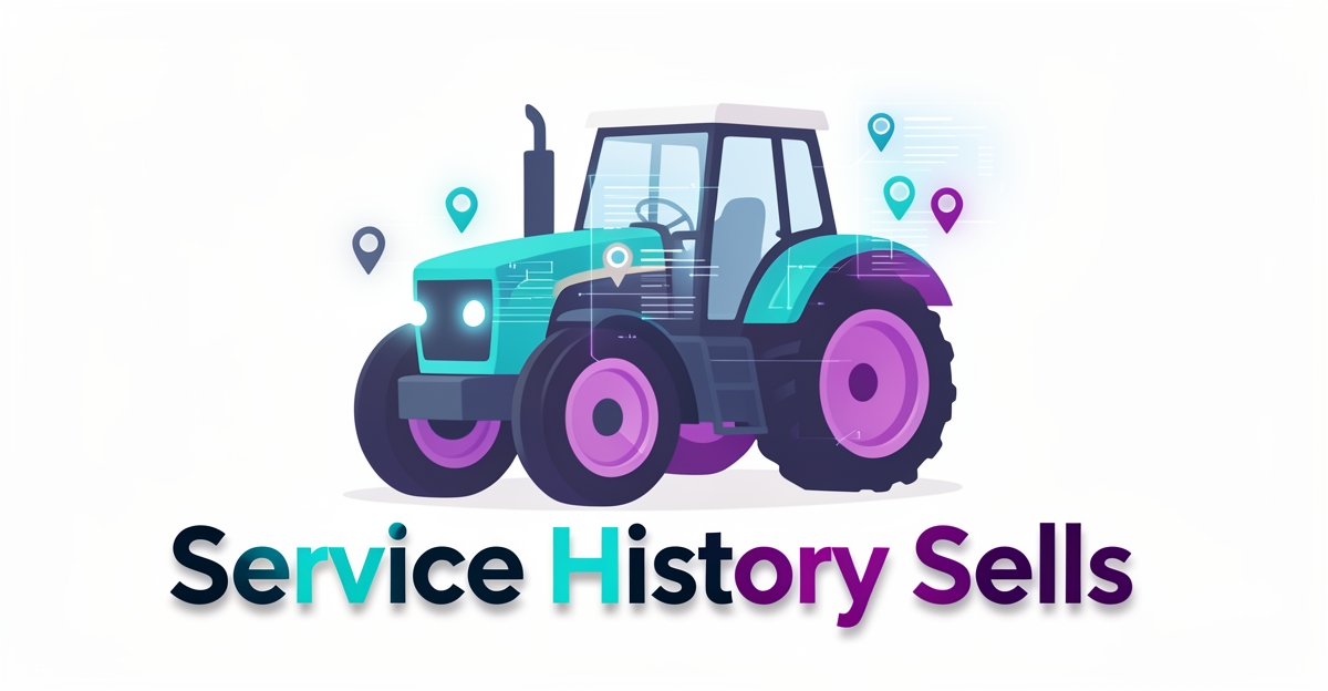 Flat illustration of a farm tractor with digital service records and location pins, accompanied by the headline 'Service History Sells' in brand colors, symbolizing trust-building for equipment shops.