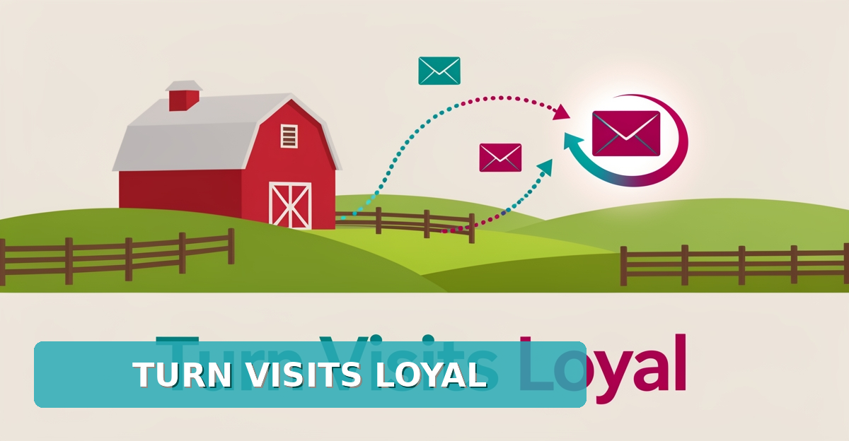 Flat illustration of a farm barn with email follow-up icons and a loyalty loop in teal and magenta, titled Turn Visits Loyal.