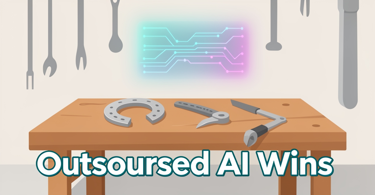 A minimalist flat illustration of a farrier's tools with a subtle holographic AI interface, featuring the headline 'Outsourced AI Wins' in brand colors as a lower-third accent.
