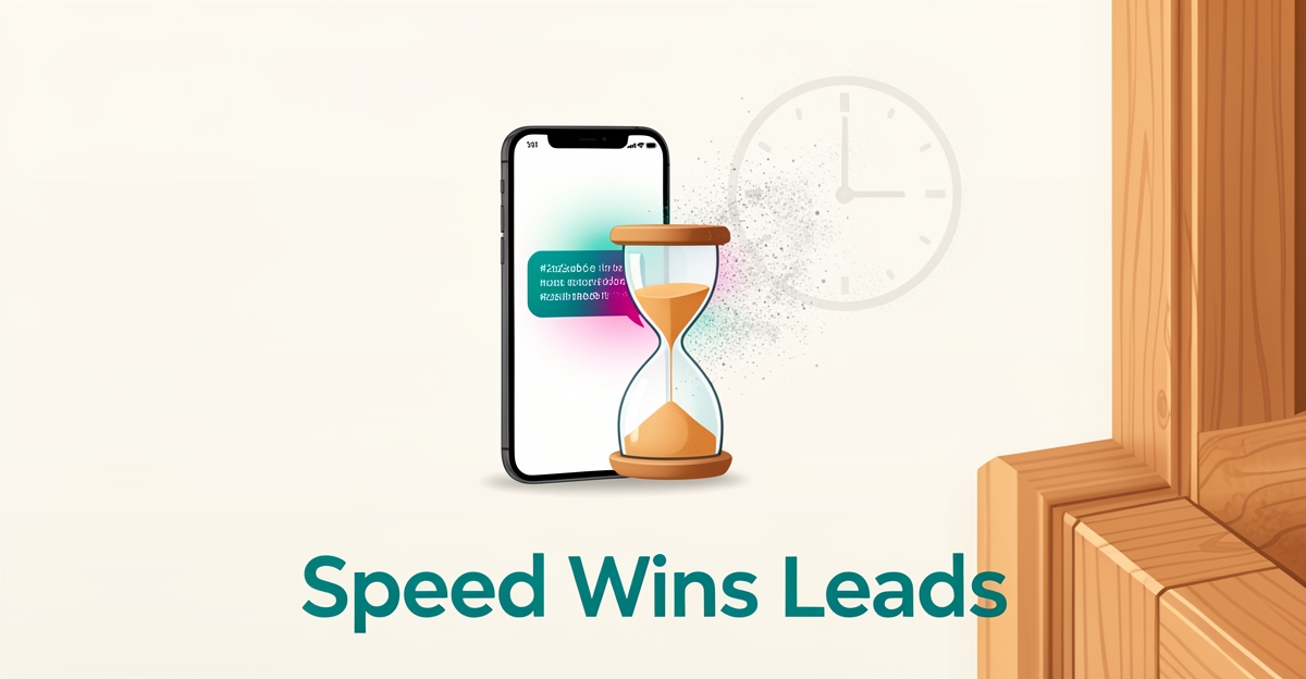 Flat illustration of a smartphone notification and fading hourglass beside wooden trim, symbolizing how slow responses cost finish carpenters leads.