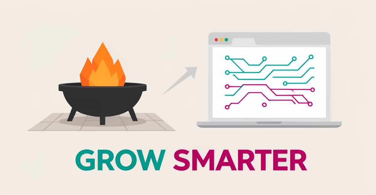 Flat illustration of a fire pit beside AI-driven website graphics with a growth arrow, comparing in-house versus AI websites for installers.