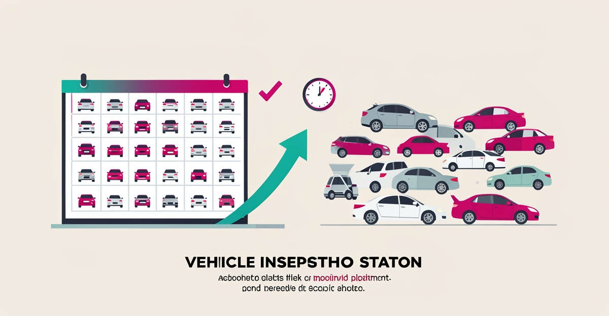 Flat illustration comparing a chaotic walk-in car queue with an organized appointment calendar, accented in teal and magenta.