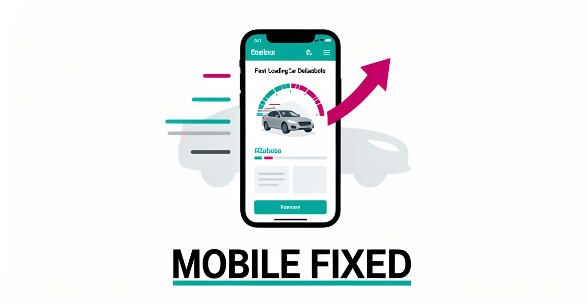 Flat illustration of a smartphone showing a fast-loading car dealership website with speed lines and a rising arrow in teal and magenta accents.