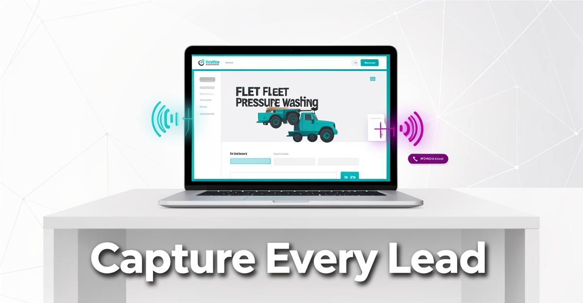 A minimalist flat illustration of a laptop showing a fleet washing website with a voice assistant icon, using brand colors to highlight AI-powered lead capture in a professional, modern style.