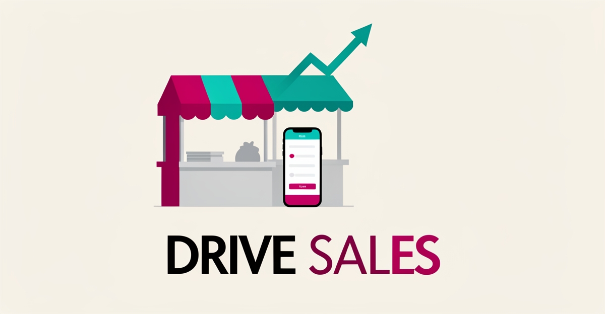 Flat illustration of a food hall stall with a smartphone ordering menu and rising sales arrow in teal and magenta accents.