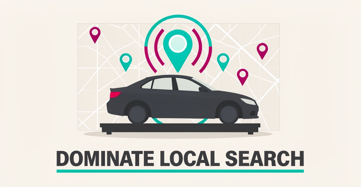 Flat illustration of a car frame on an alignment rack with a glowing map pin and search signals, symbolizing local search dominance for frame straightening shops.