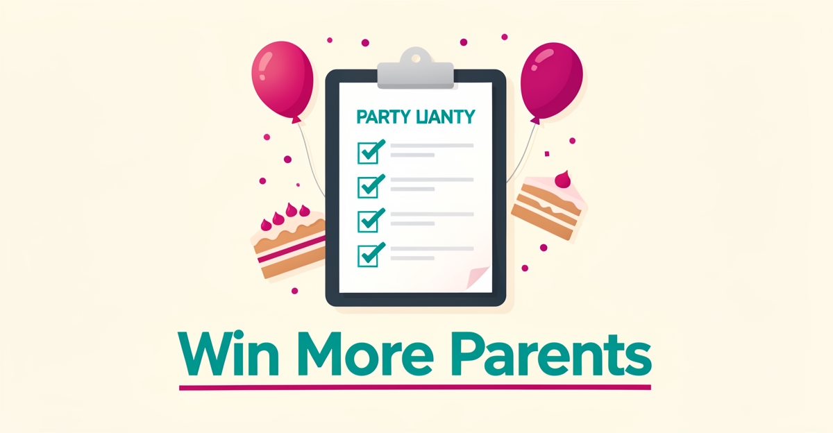 Flat illustration of a party planning checklist with teal checkmarks and magenta party accents, headlined Win More Parents.