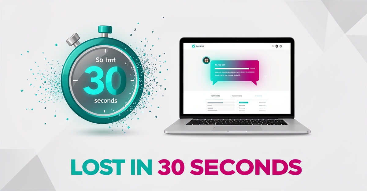 Flat illustration of a dissolving 30-second countdown timer and laptop with AI chat bubble in teal and magenta, symbolizing lost freight leads.