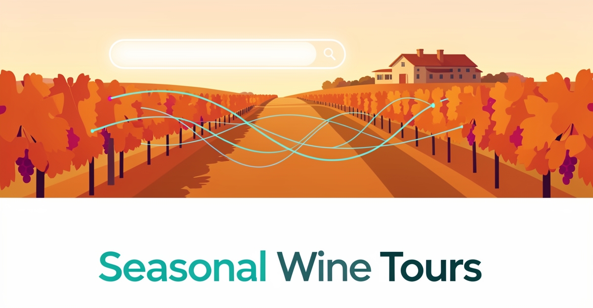 Flat illustration of an autumn vineyard with glowing AI data lines and the headline Seasonal Wine Tours.