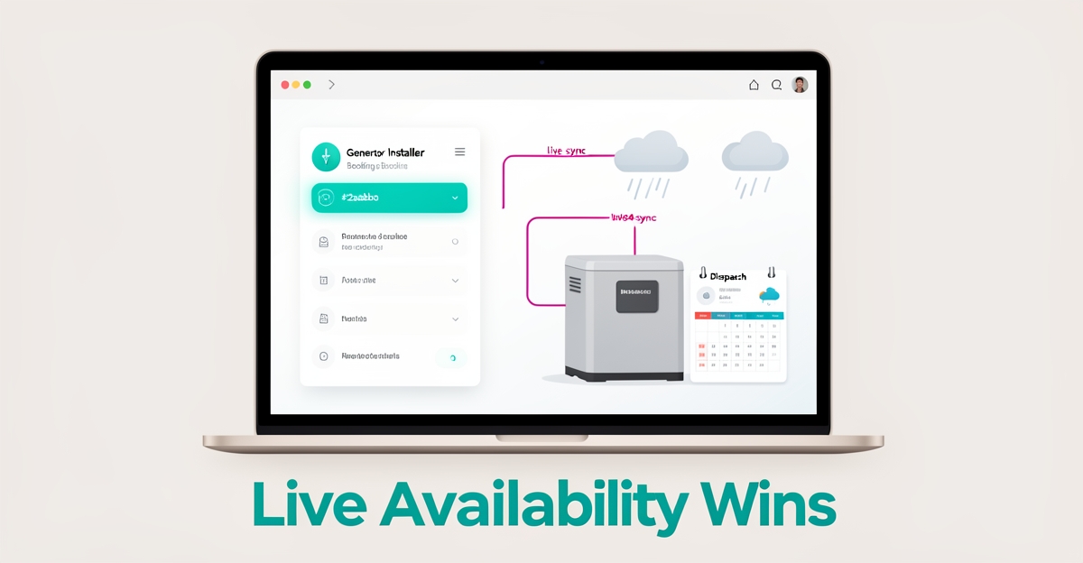 Flat illustration of a generator installer dashboard with real-time availability syncing to dispatch and weather, accented in teal and magenta.