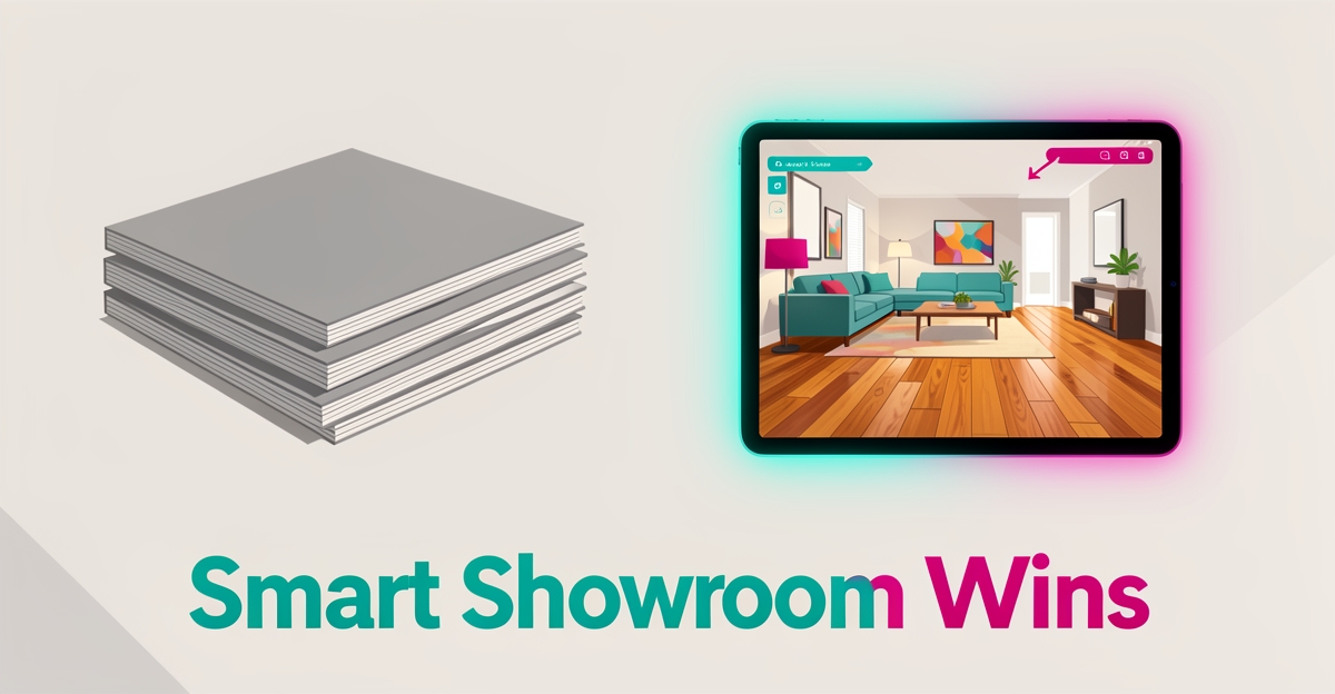 Flat illustration contrasting a stack of generic floor catalogs with a glowing interactive showroom tablet visualizing hardwood flooring in a modern living room.