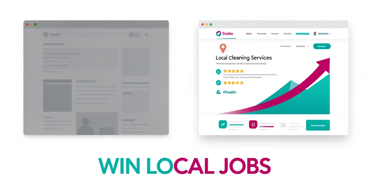 Flat illustration comparing a generic website and a smart local cleaning website with location pin and review icons, headlined Win Local Jobs.