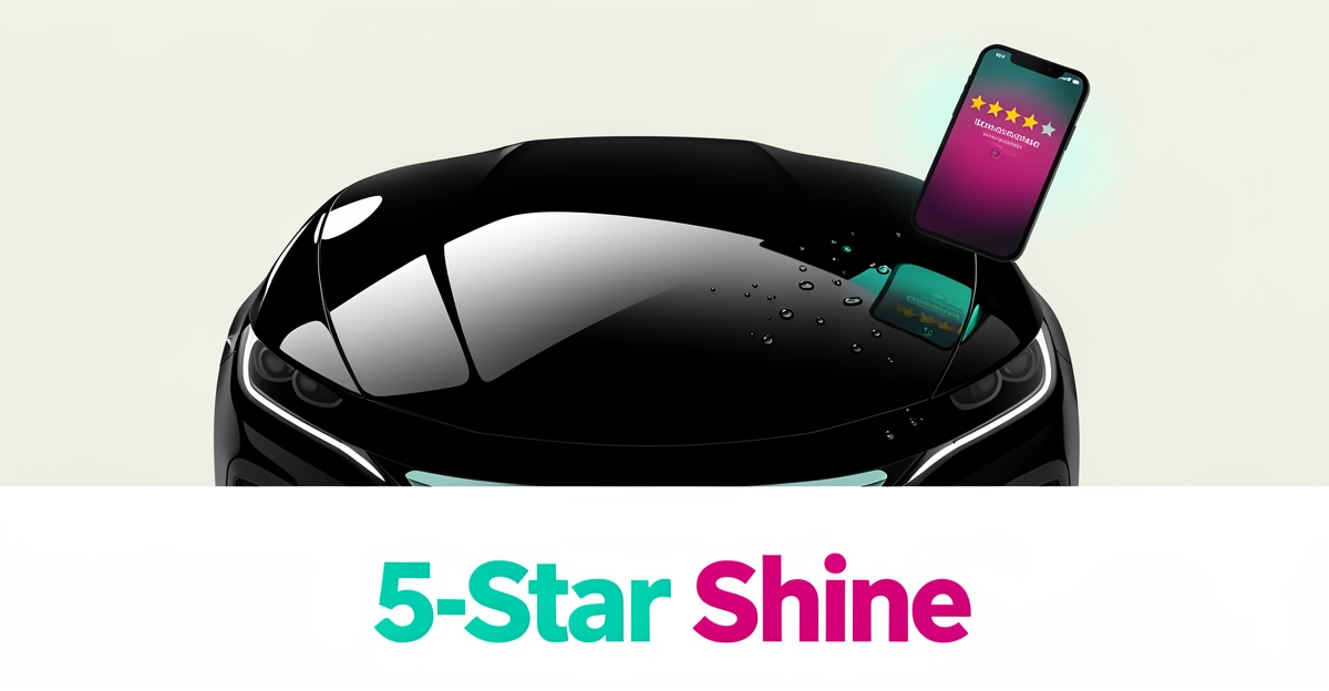 Flat illustration of a glossy ceramic-coated car hood with a smartphone showing a five-star rating in teal and magenta accents.