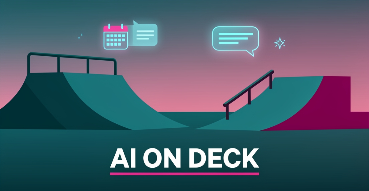 Flat illustration of a skate park with glowing AI chat and booking icons in teal and magenta, headlined AI On Deck.