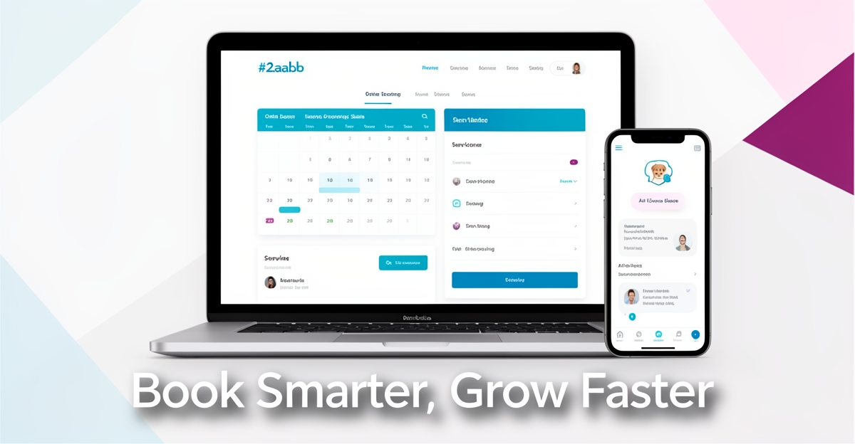 A clean flat illustration of a pet grooming salon website on laptop and phone showing online booking and AI features, with brand-colored accents and the headline 'Book Smarter, Grow Faster' in the lower third