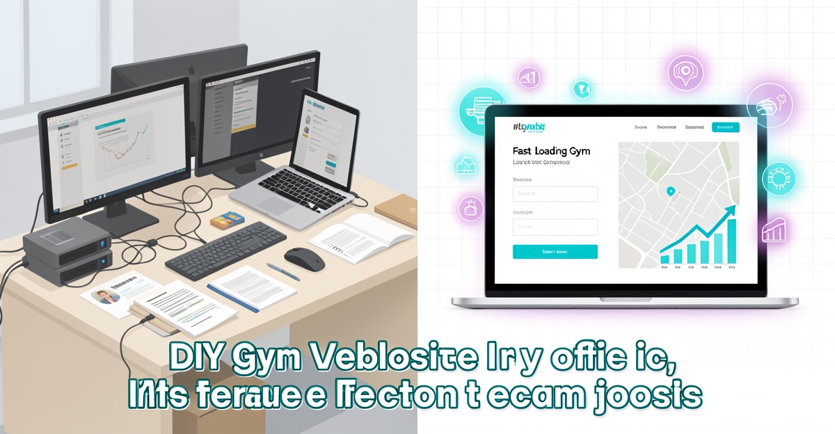 A split illustration contrasting DIY gym website chaos with AI-powered simplicity, highlighting speed, cost savings, and local SEO benefits with brand-colored accents.