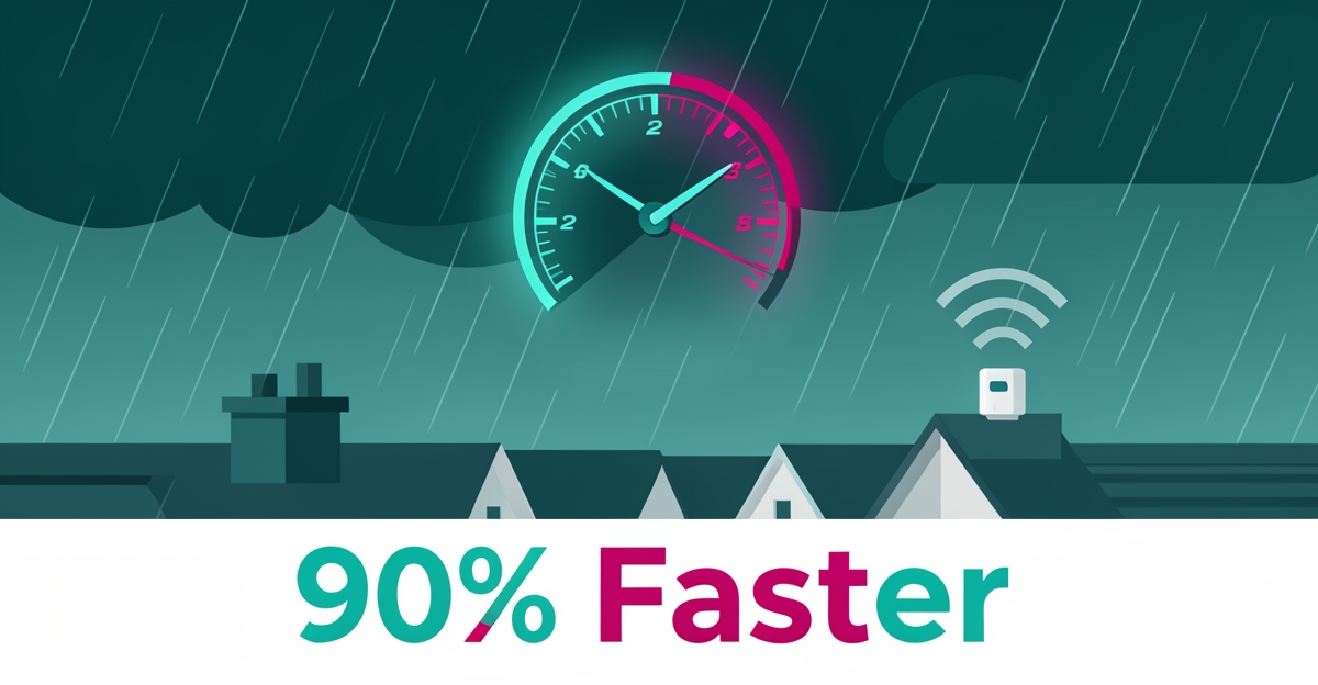 Flat illustration of storm-battered Halifax rooftops with a glowing AI speed gauge showing 90% faster emergency response times.