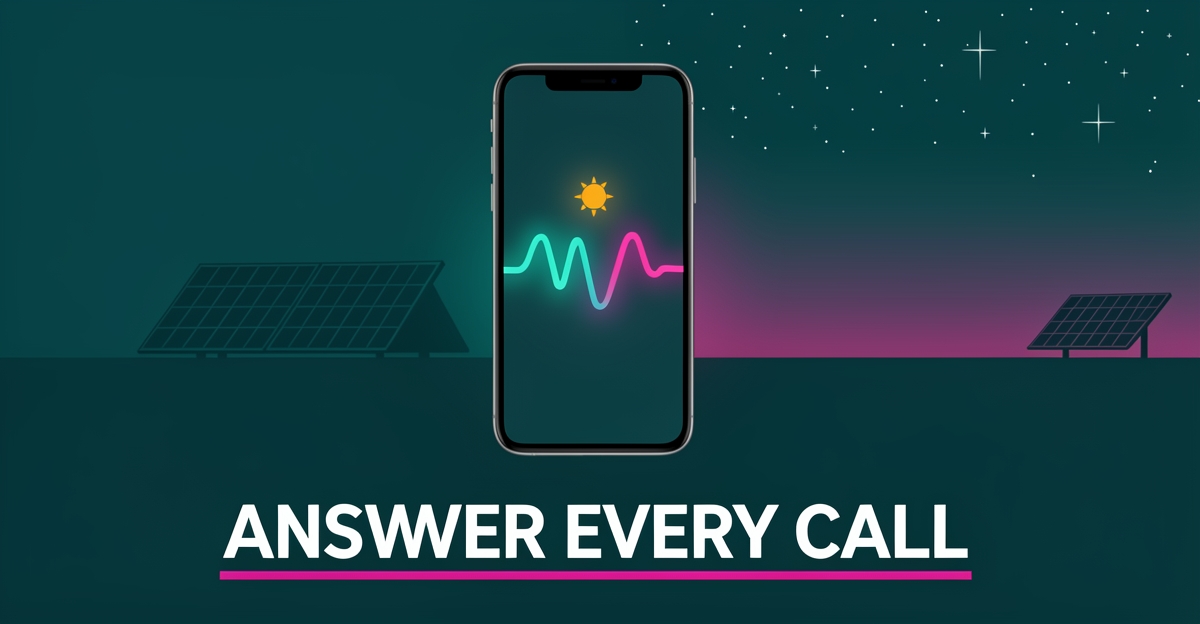 Flat illustration of a smartphone with glowing AI waveform and rising sun over solar panel silhouettes, symbolizing 24/7 AI call answering for Halifax solar companies.