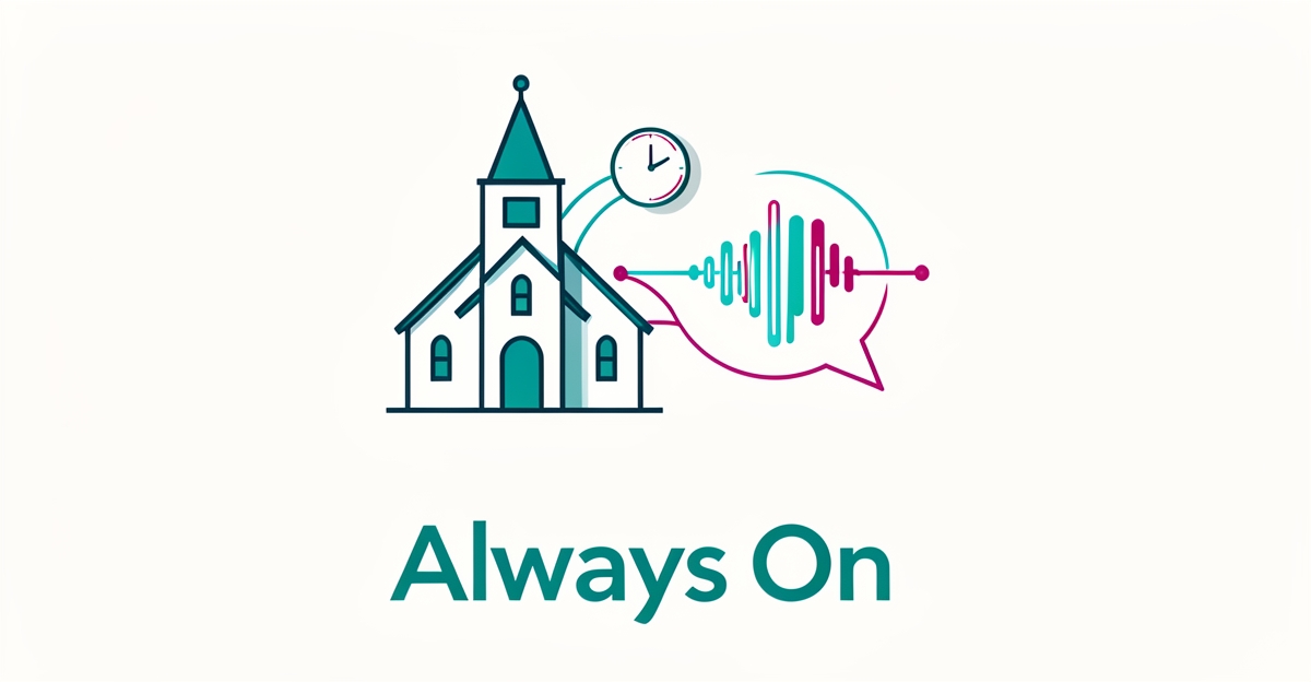 Flat illustration of a church building linked to abstract AI soundwave elements in teal and magenta, symbolizing 24/7 automated facility inquiry handling.