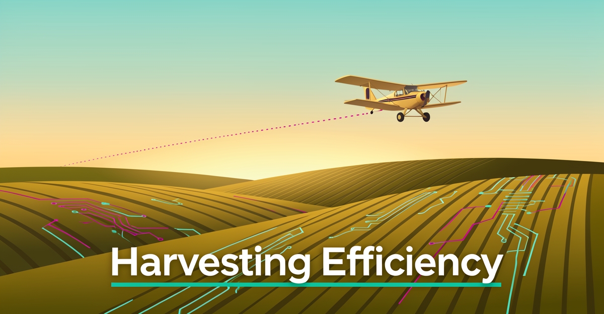 Flat illustration of a crop-dusting plane over farm fields with AI circuit-line motifs, headlined Harvesting Efficiency.