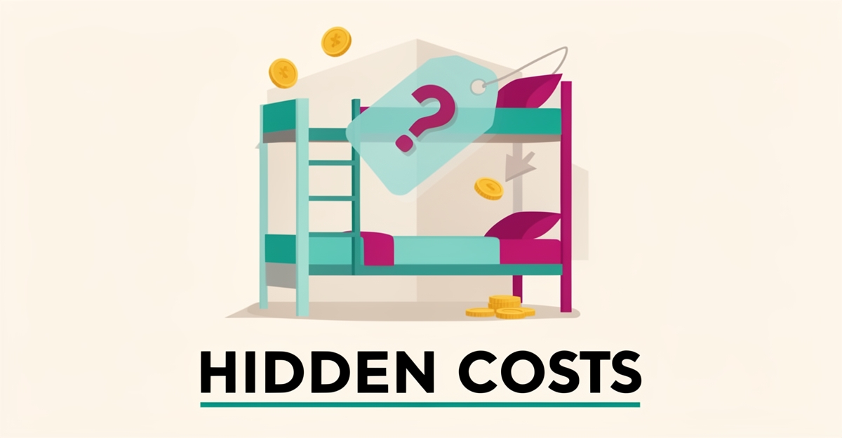 Flat illustration of a hostel bunk room with a question-mark price tag and scattered coins symbolizing hidden costs of unclear hostel pricing.