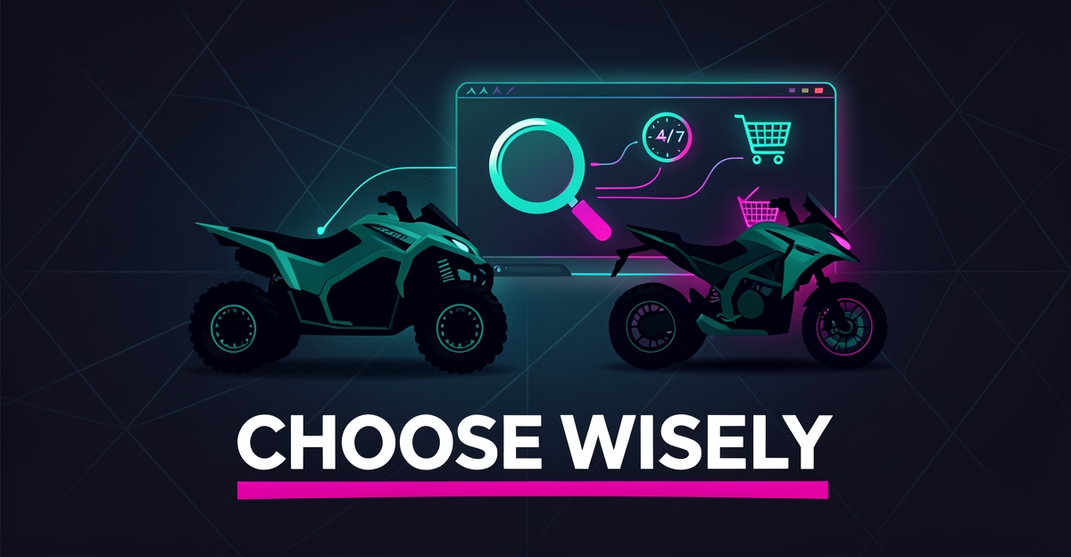 Flat illustration of powersports vehicles beside a digital dashboard with clock and search icons, accented in teal and magenta, with the headline Choose Wisely.