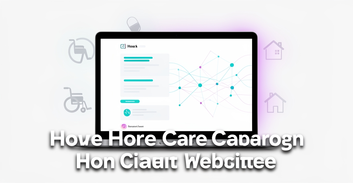 A minimalist flat illustration of an AI-powered home care website interface with data flow lines and brand color accents, featuring the headline 'AI Scales Care' in the lower third.