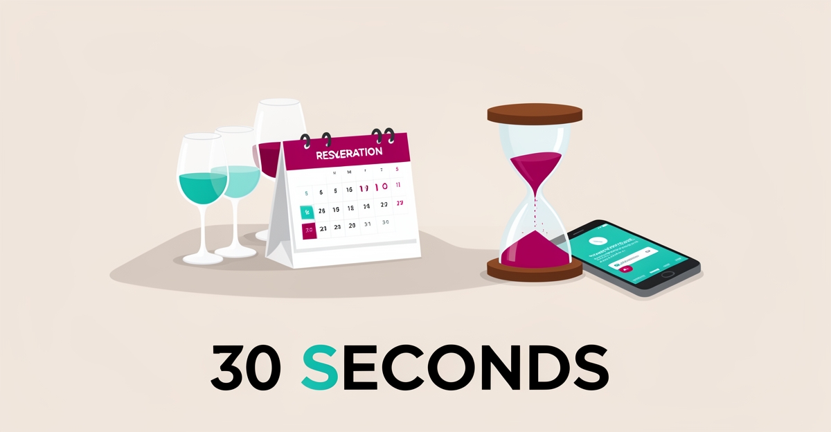 Flat illustration of a tasting table, hourglass, and phone notification symbolizing how a 30-second response delay loses tasting event bookings.