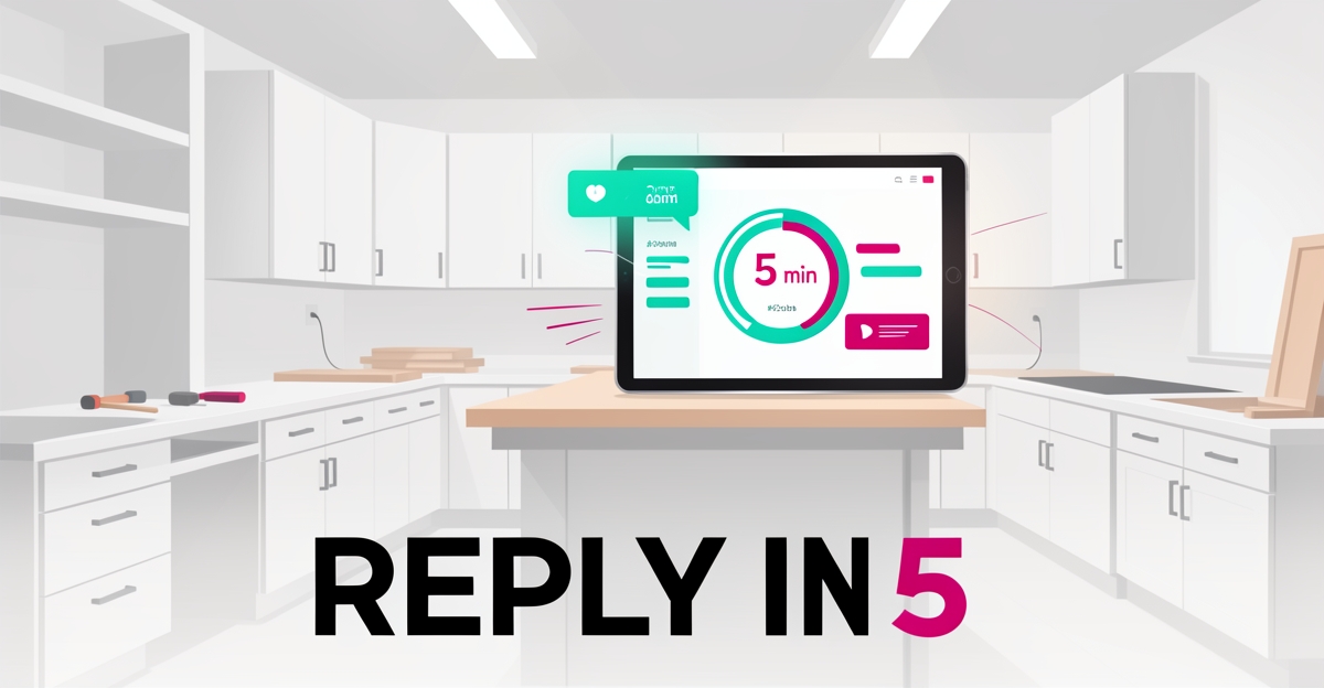Cabinet workshop with digital 5-minute response timer on tablet, brand teal and magenta accents, headline reads REPLY IN 5