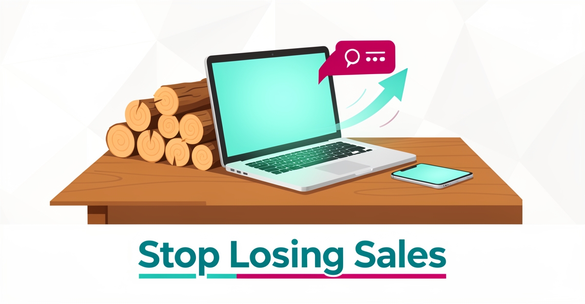Flat illustration of stacked firewood next to a glowing laptop and phone with teal and magenta accents and headline Stop Losing Sales.