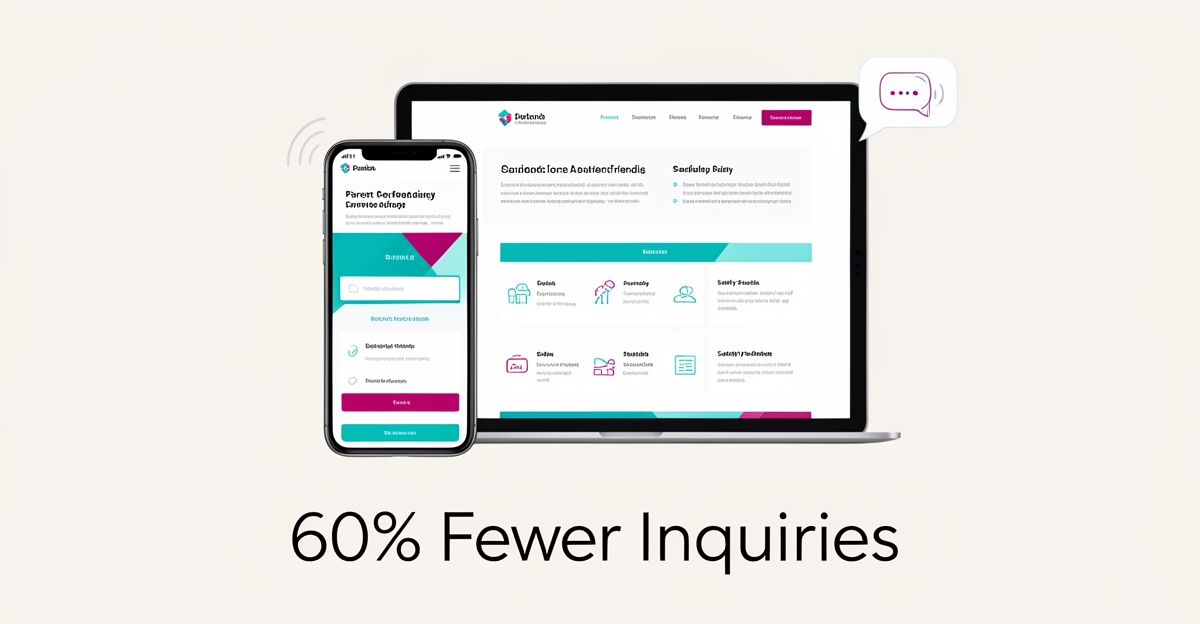Flat illustration of mobile devices showing a parent-friendly website with teal and magenta accents reducing inquiries.