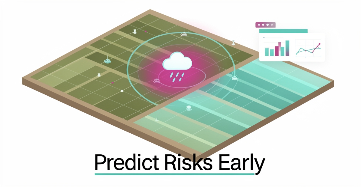 Flat illustration of a farm field scanned by AI data overlays predicting weather and soil crop risks early.