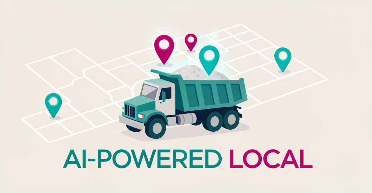 Flat illustration of a dump truck carrying glowing map pins across a stylized neighborhood map, symbolizing AI-driven hyperlocal content.