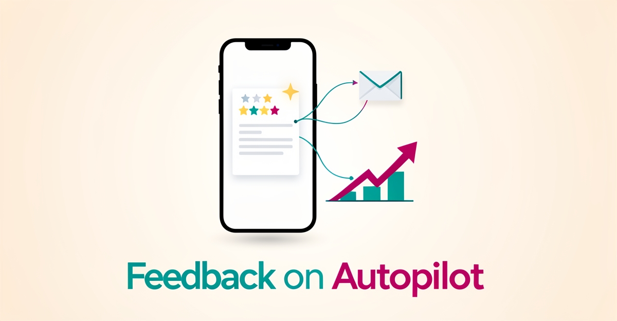 Flat illustration of a smartphone with a five-star review connected to email and growth icons, symbolizing automated client feedback for maid services.