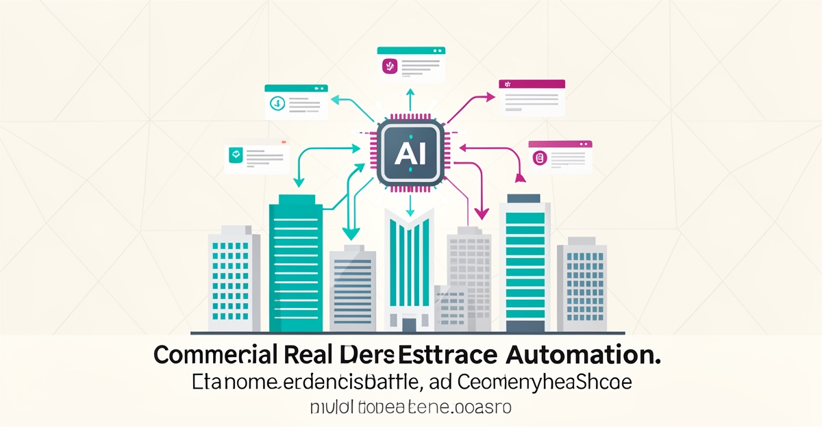 Flat illustration of AI-connected commercial buildings and listing cards syncing to a central hub in teal and magenta.