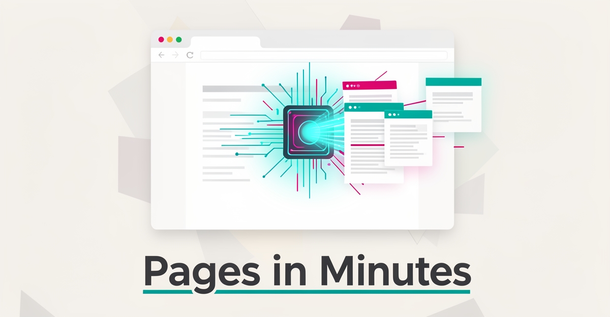 Flat illustration of an AI core rapidly generating hosting service webpage wireframes with teal and magenta accents.