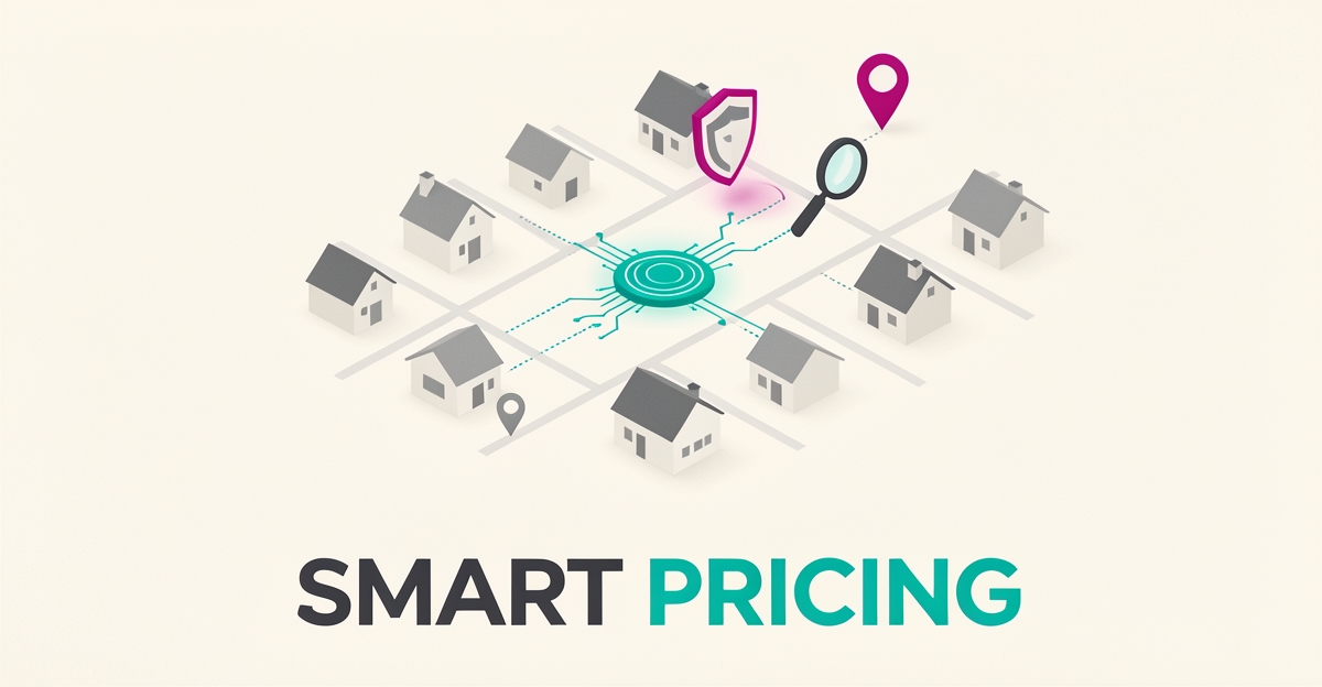 Flat illustration of a suburban map with AI data nodes connecting houses, representing AI-driven localized pest control pricing.