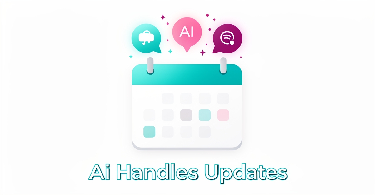 A minimalist flat illustration of a calendar with AI-generated notification icons floating above, symbolizing automated family event updates, with brand-colored accents and a headline in the lower third.