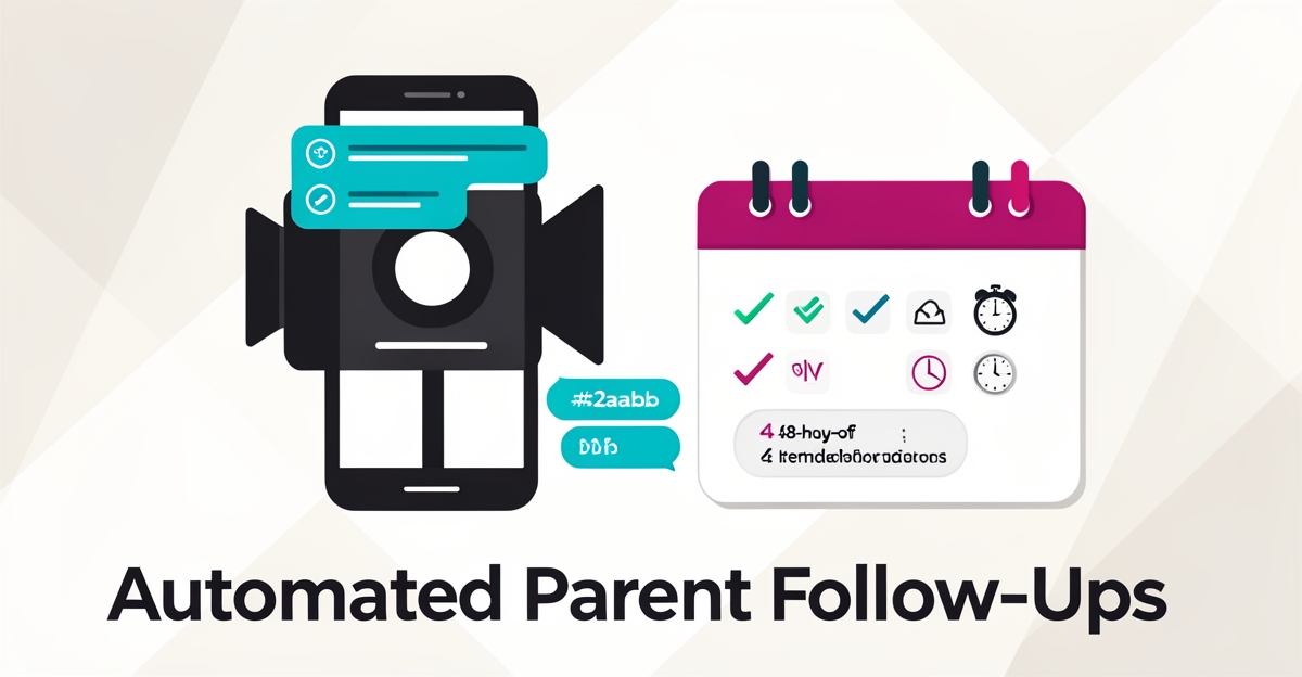 Flat illustration of a school photo booth with smartphone reminders and calendar icons representing AI automated parent follow-ups.