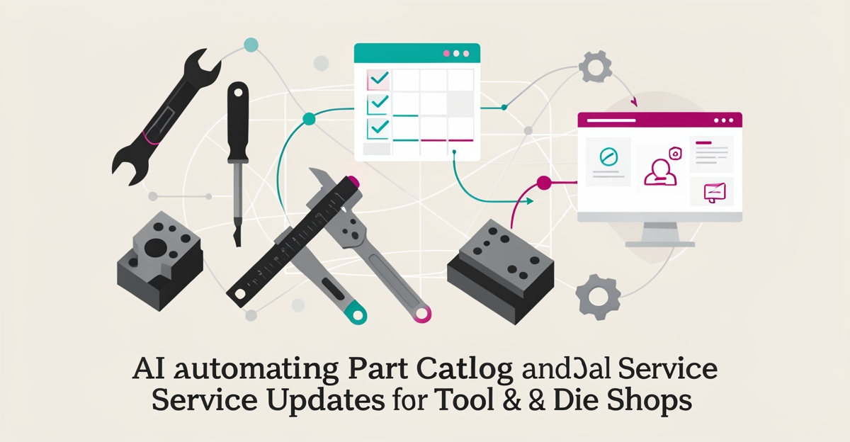 Flat illustration showing AI automation syncing tool and die part catalogs and service updates with teal and magenta accents.