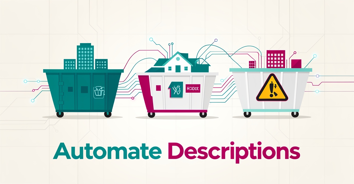 Flat illustration of commercial, residential, and hazardous dumpsters linked by AI automation lines with a headline about automating service descriptions.