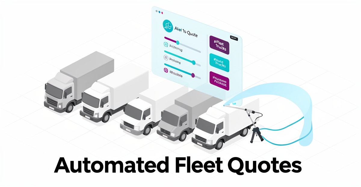Flat illustration of fleet trucks with AI interface showing automated pressure washing quotes and dynamic pricing.