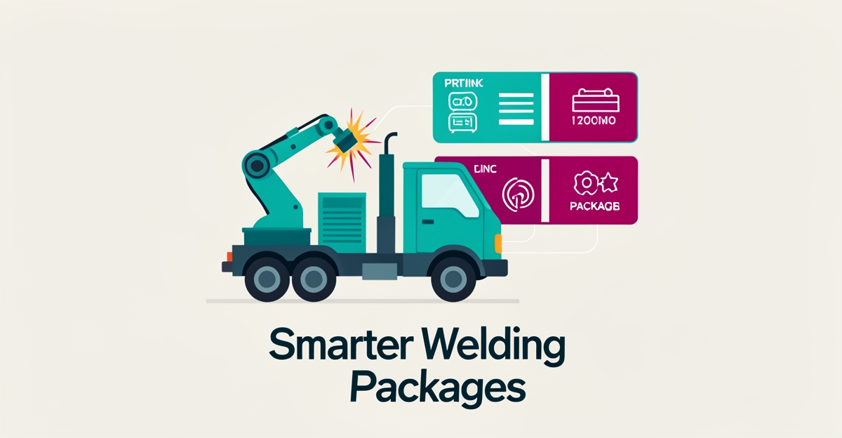 Flat illustration of a mobile welding truck with AI-driven digital service package cards in teal and magenta accents.